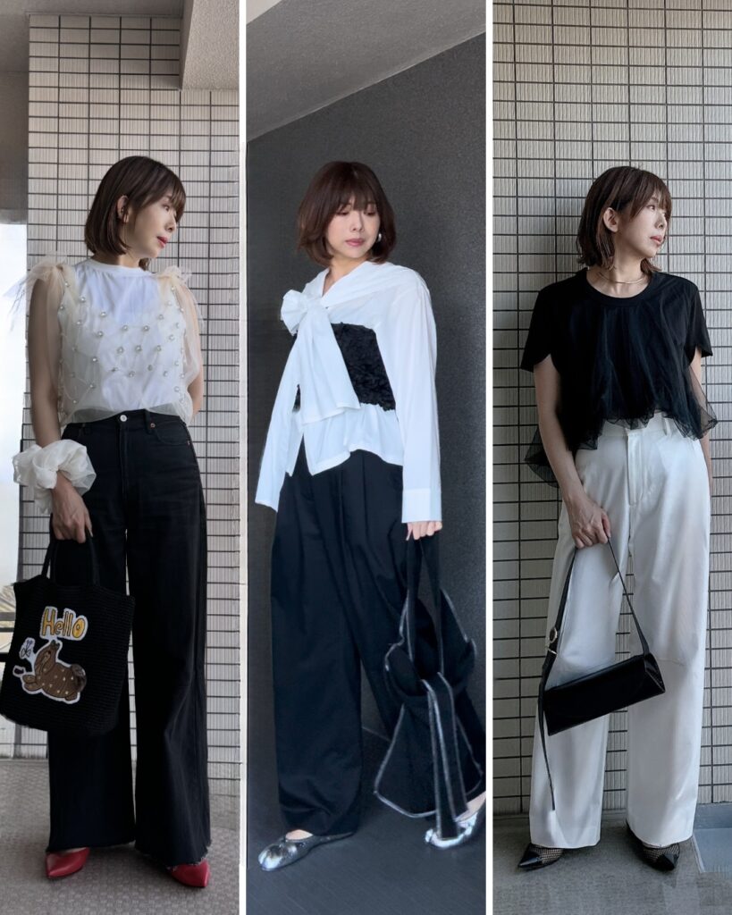 骨格ストレートでもフリルやチュールやリボンを取り入れたコーディネート例